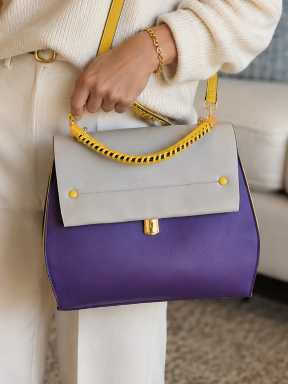 NEW Colorblock Vegan Leather Satchel Crossbody Purse - Purple Yellow Gray